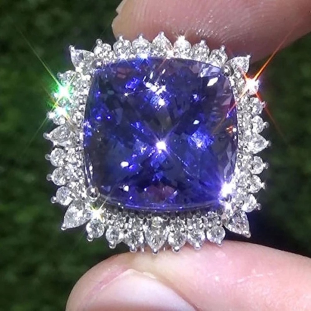 New Vintage 925 Silver Square Cut Blue Sapphire Ring